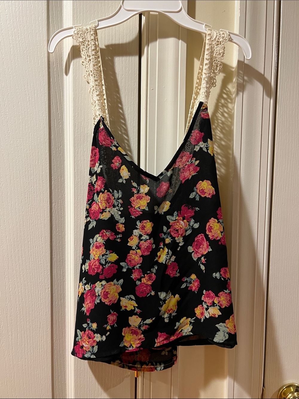 Forever 21 Black Floral Lace-Trim Cami with Pink & Yellow Roses